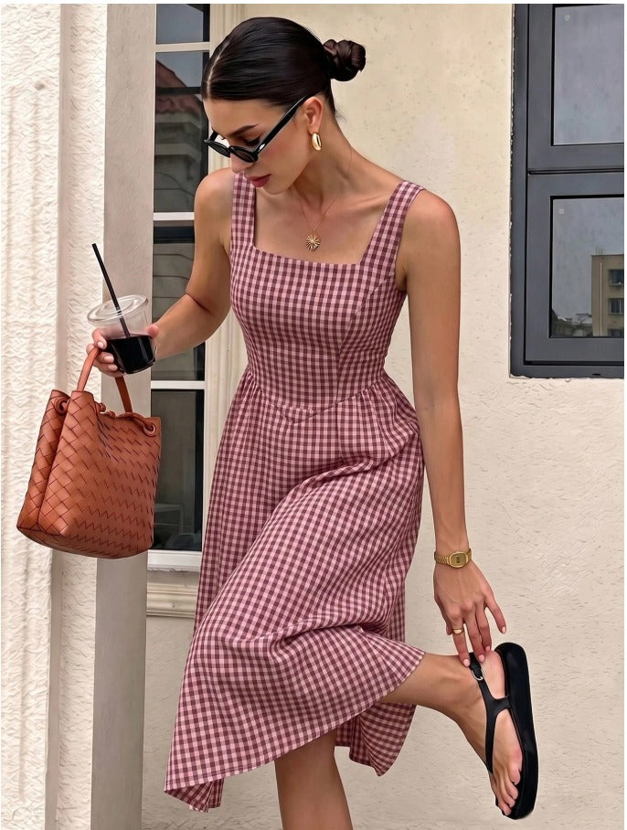 Striped Square Neck Mid Calf Summer Dress Women's Sleeveless Resort Casual Dress
