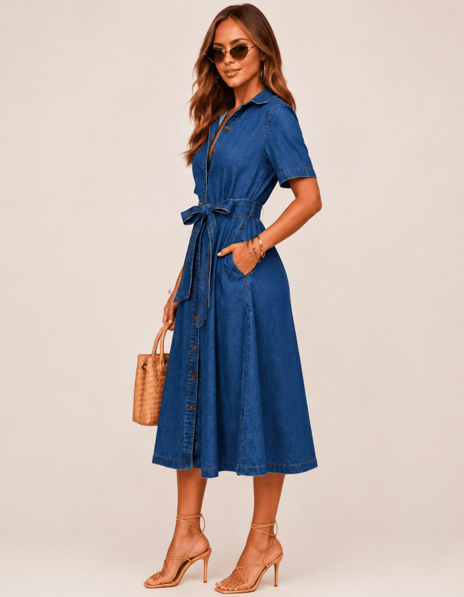 Jasmine | Woman's V-Neck Lace-Up Denim Maxi Dress - Edin London