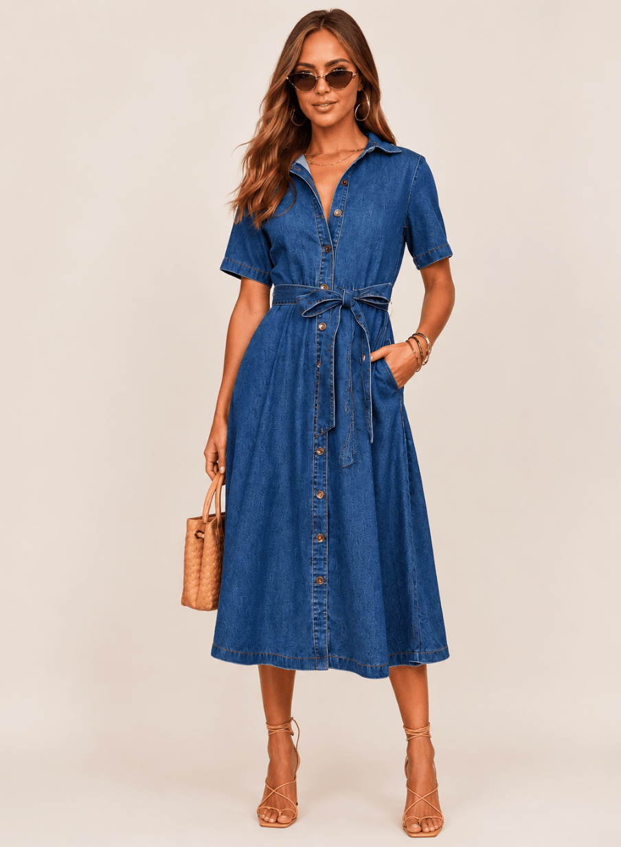 Jasmine | Woman's V-Neck Lace-Up Denim Maxi Dress - Edin London
