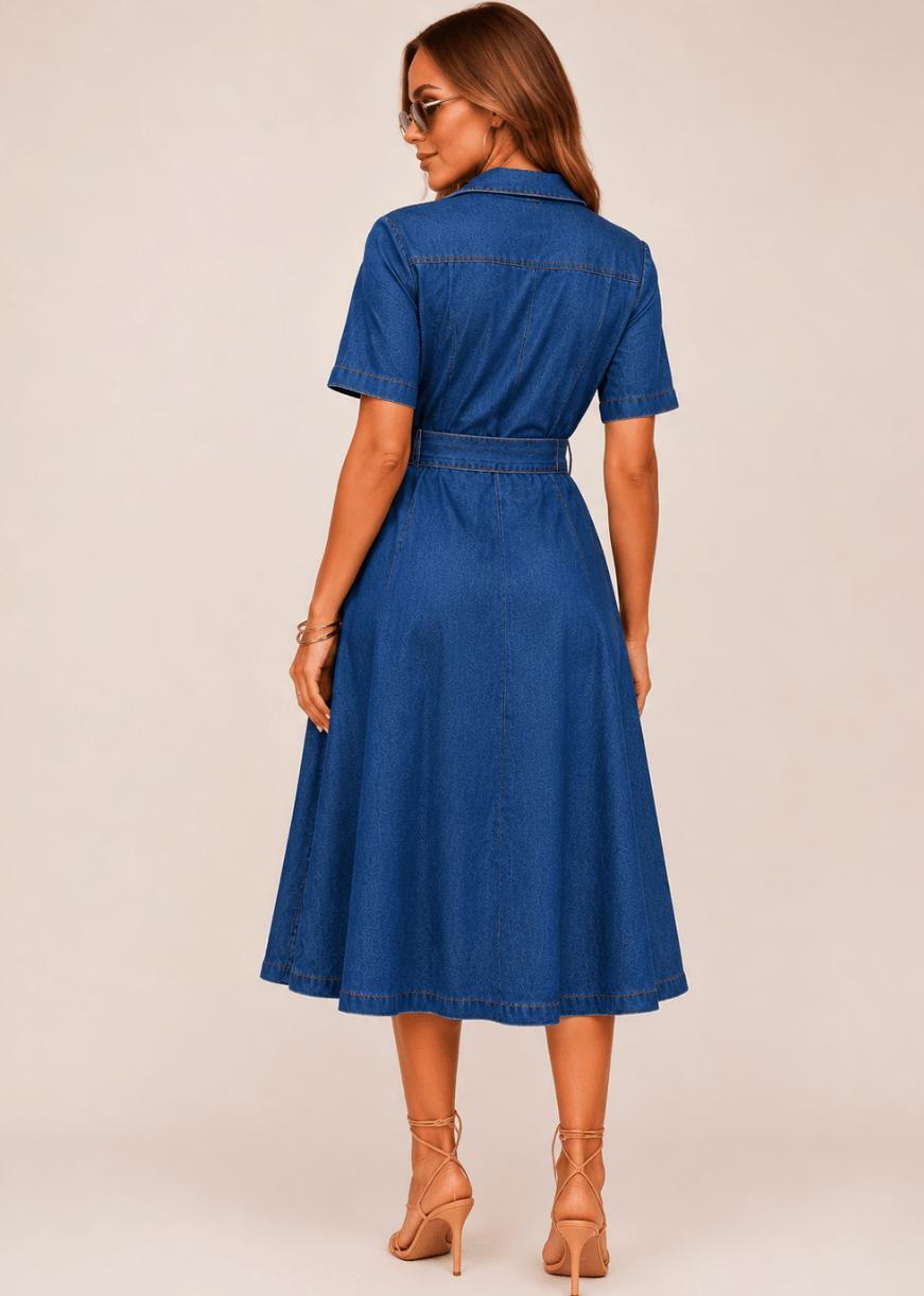 Jasmine | Woman's V-Neck Lace-Up Denim Maxi Dress - Edin London
