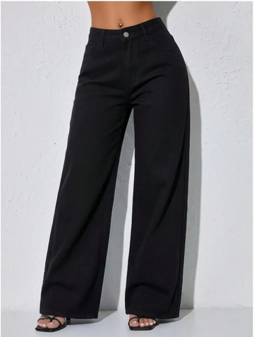 Low Waist Wide Leg Curved Jeans Women's Casual Slant Pocket Denim - Edin London