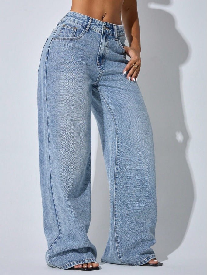 Low Waist Wide Leg Curved Jeans Women's Casual Slant Pocket Denim - Edin London