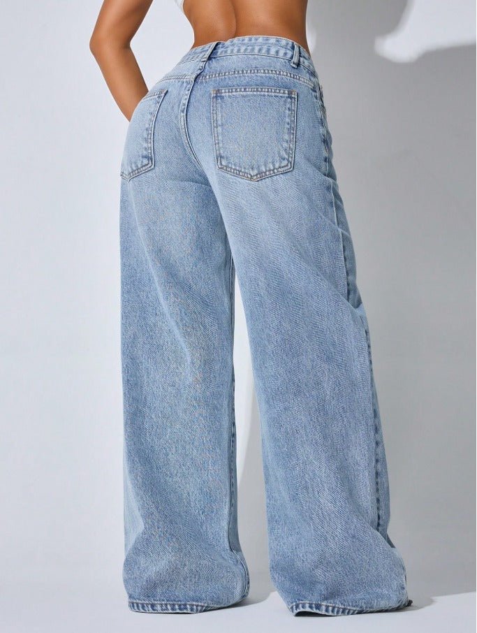 Low Waist Wide Leg Curved Jeans Women's Casual Slant Pocket Denim - Edin London