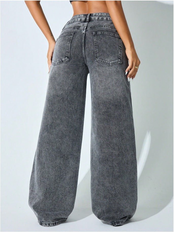 Low Waist Wide Leg Curved Jeans Women's Casual Slant Pocket Denim - Edin London