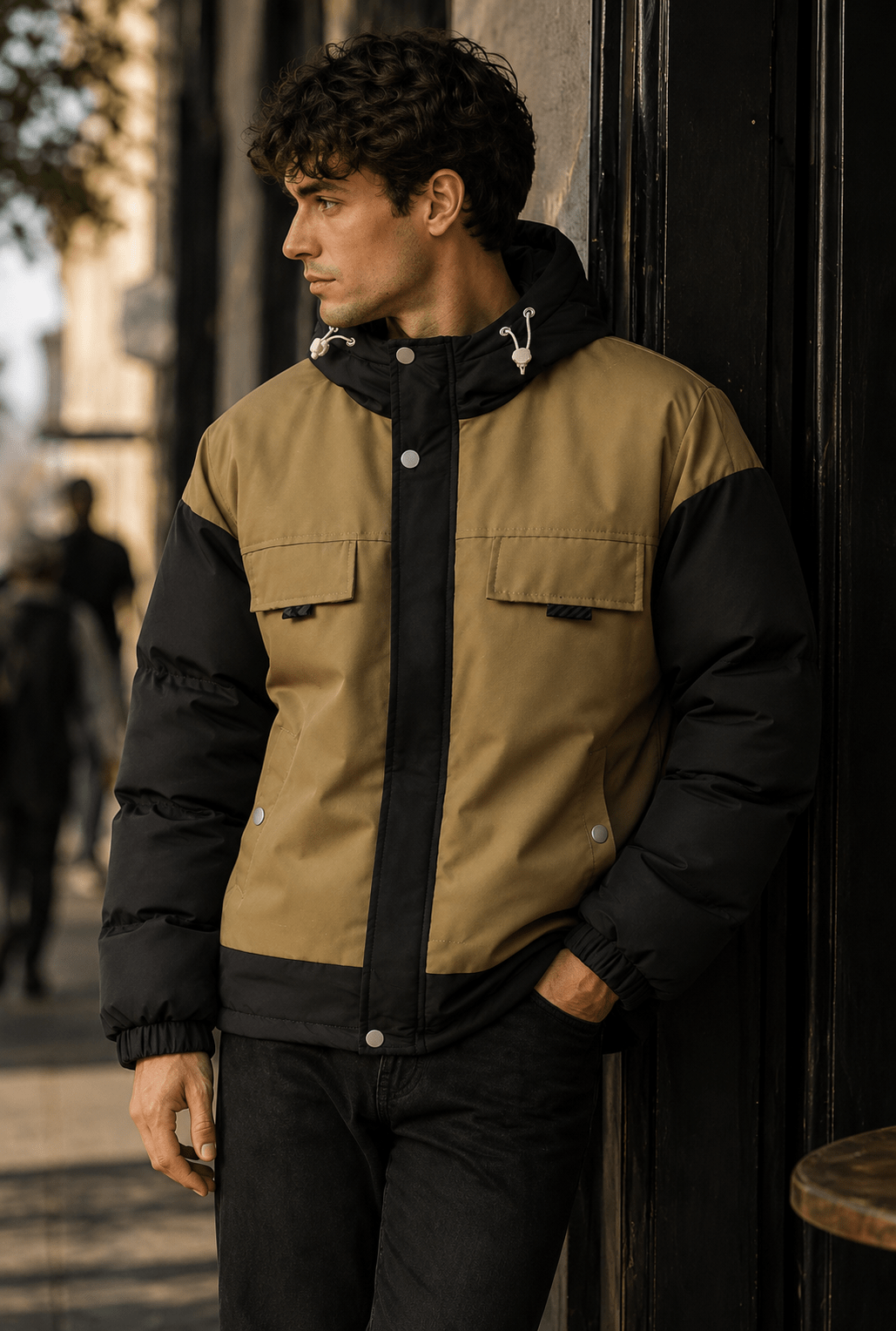 Men’s Black and Khaki Color Block Hooded Puffer Jacket - Edin London
