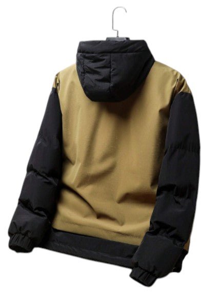 Men’s Black and Khaki Color Block Hooded Puffer Jacket - Edin London