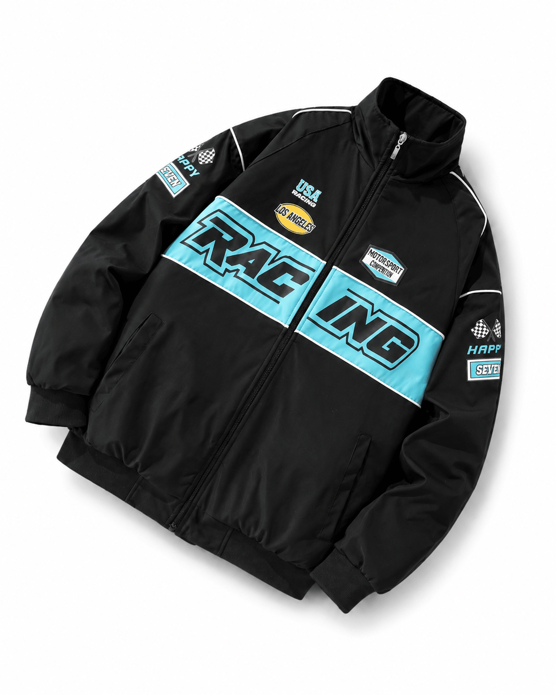 Men's Black And Navy Puffer Racing Zip Up Motorsport Bomber Biker Jacket Winters - Edin London