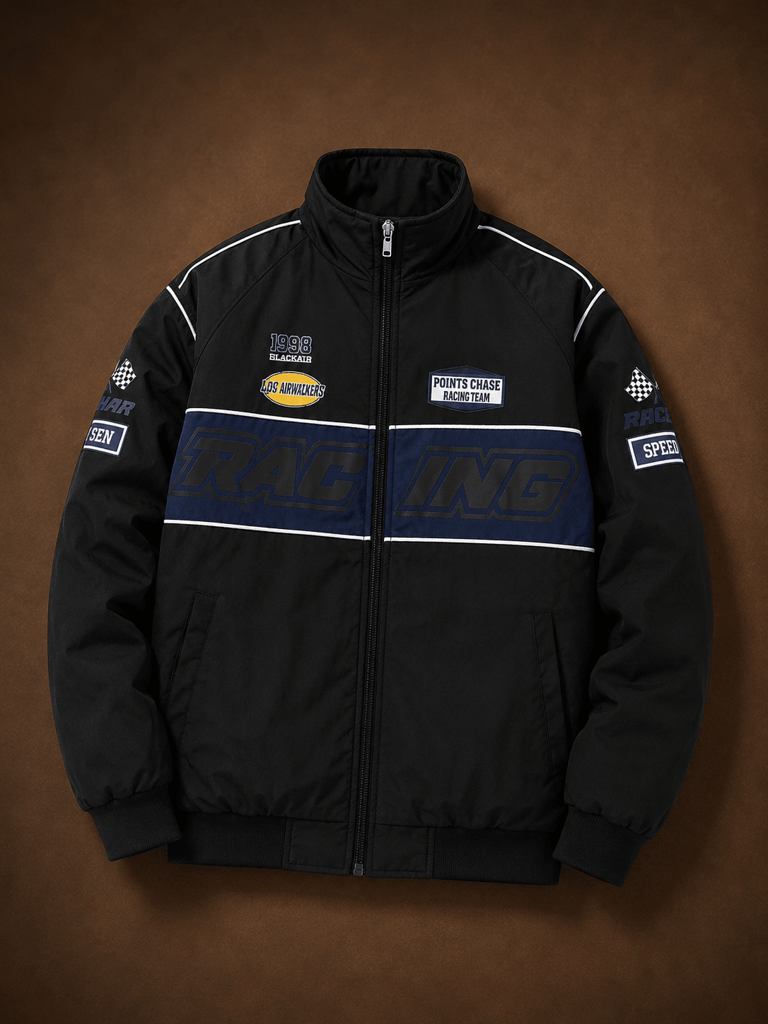 Men's Black And Navy Puffer Racing Zip Up Motorsport Bomber Biker Jacket Winters - Edin London