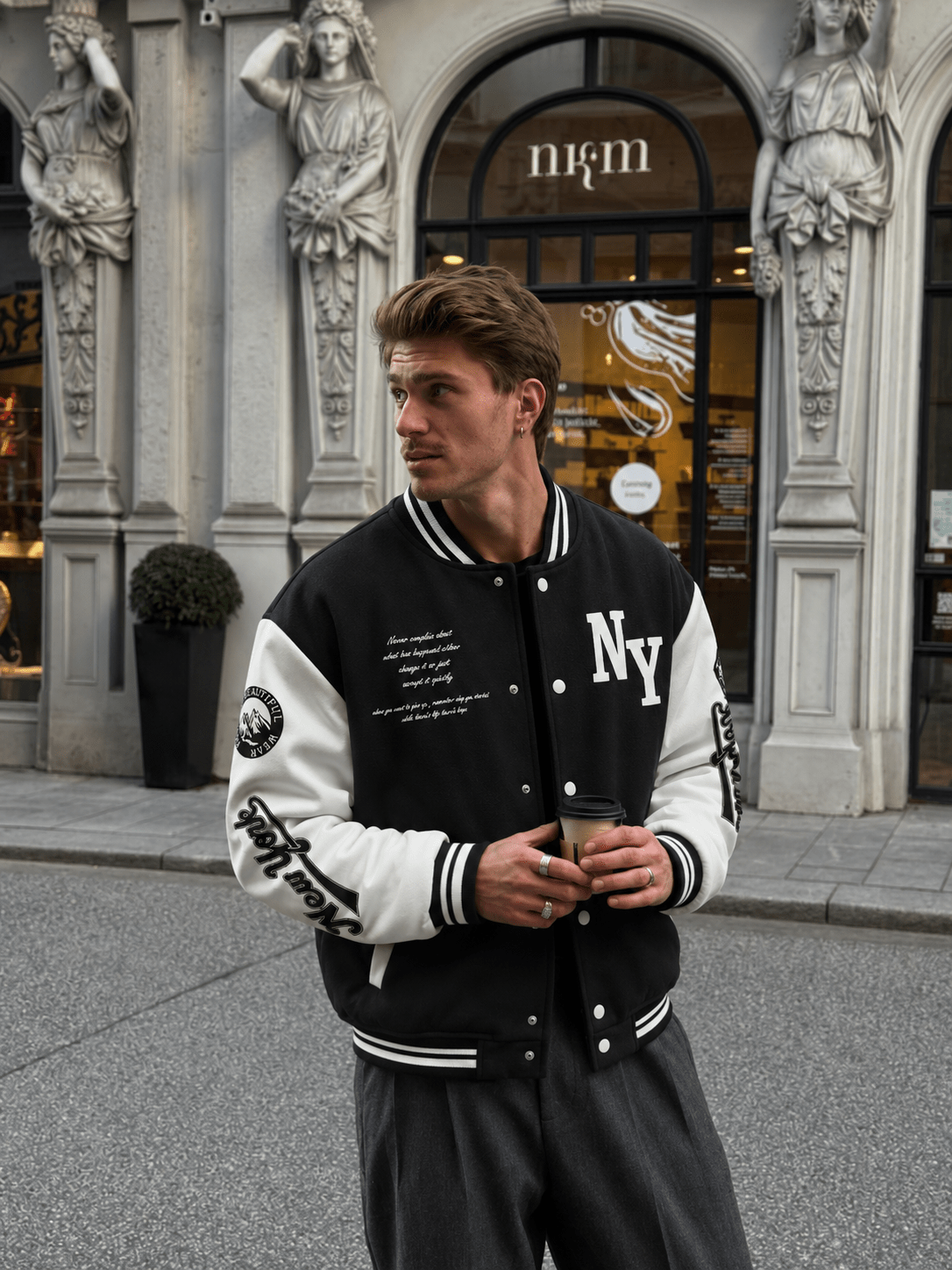 Men's Black And White Varsity Bomber Jacket With NY Graphic For Streetwear Everyday College - Edin London