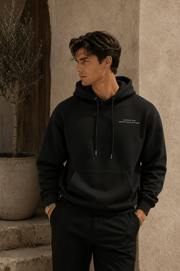 Men’s Black Pullover Hoodie with Kangaroo Pocket Casual Regular Fit - Edin London