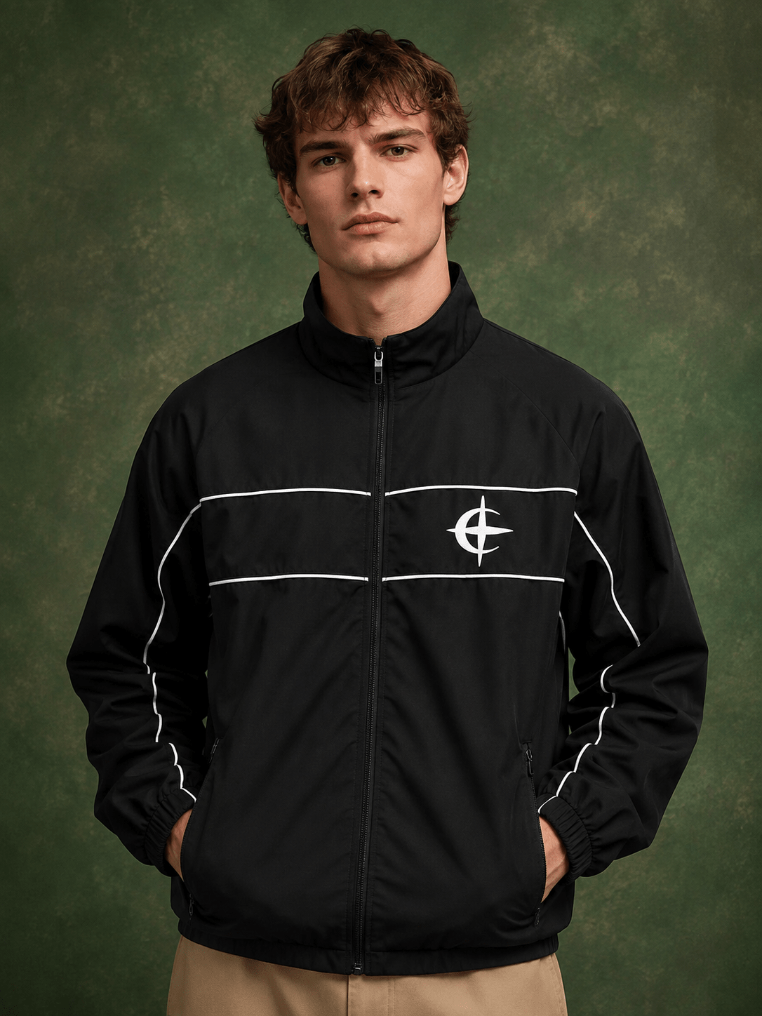 Men's Black Zip Up Track Jacket Stand Collar For Winters Non stretch - Edin London