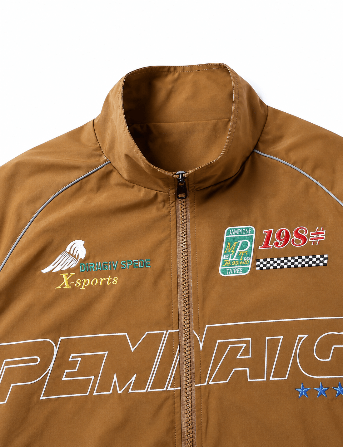 Men's Brown Streetwear Racing Style Bomber Jacket With Graphic Patches And Zip Front - Edin London