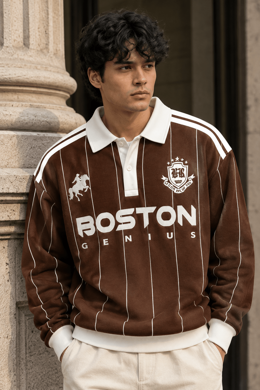 Men’s Brown Striped Rugby Polo Sweatshirt Boston Graphic - Edin London