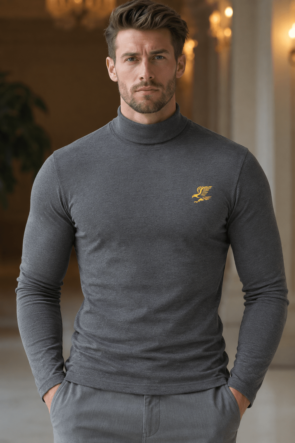 Men’s Gym Grey Turtleneck Long Sleeve Shirt with Eagle Detail - Edin London