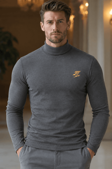 Men’s Gym Grey Turtleneck Long Sleeve Shirt with Eagle Detail - Edin London