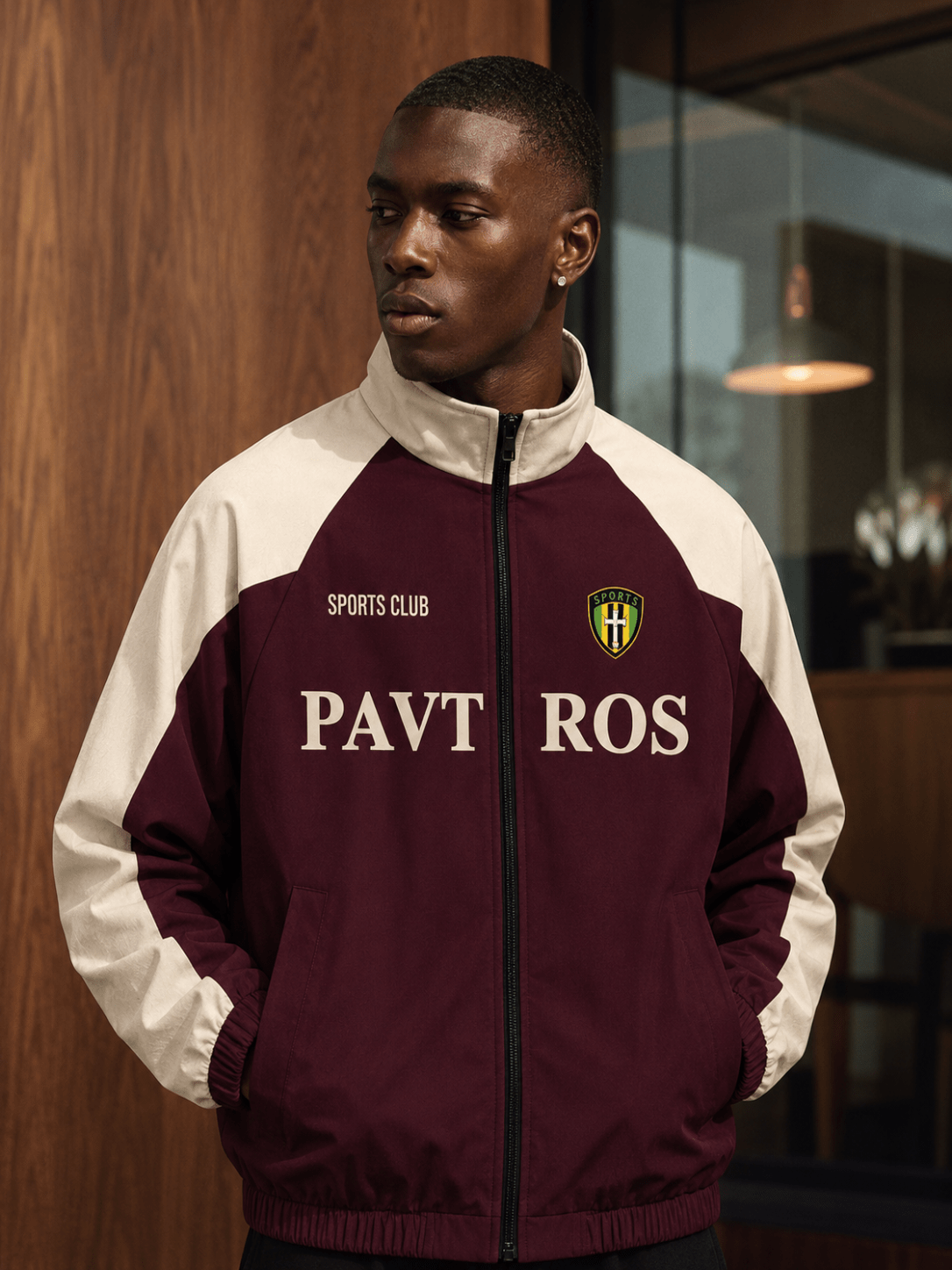 Men's Loose Neck Funnel Green Grey Burgundy Zip Up Non Stretch Track Jacket - Edin London