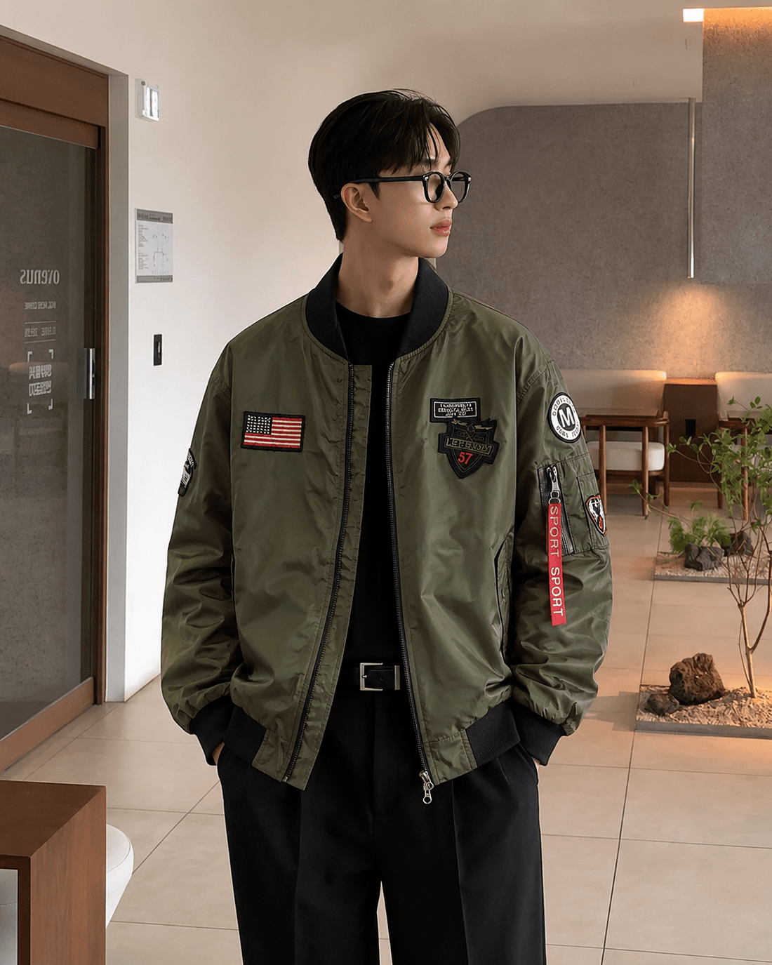 Men's Olive Green Bomber Jacket With Graphic Patches And Zip Front - Edin London