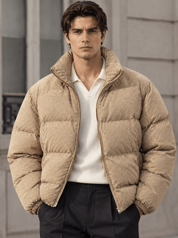 Men’s Padded Warm Beige Textured Puffer Winter Jacket - Edin London