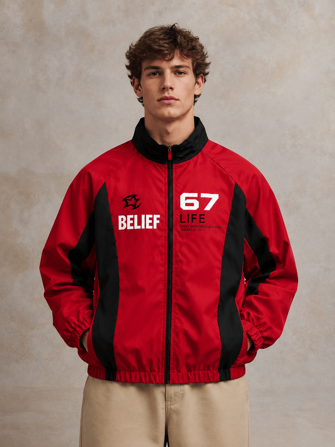Men's Red And Black Biker Lightweight Zipper Jacket With Graphic Print - Edin London