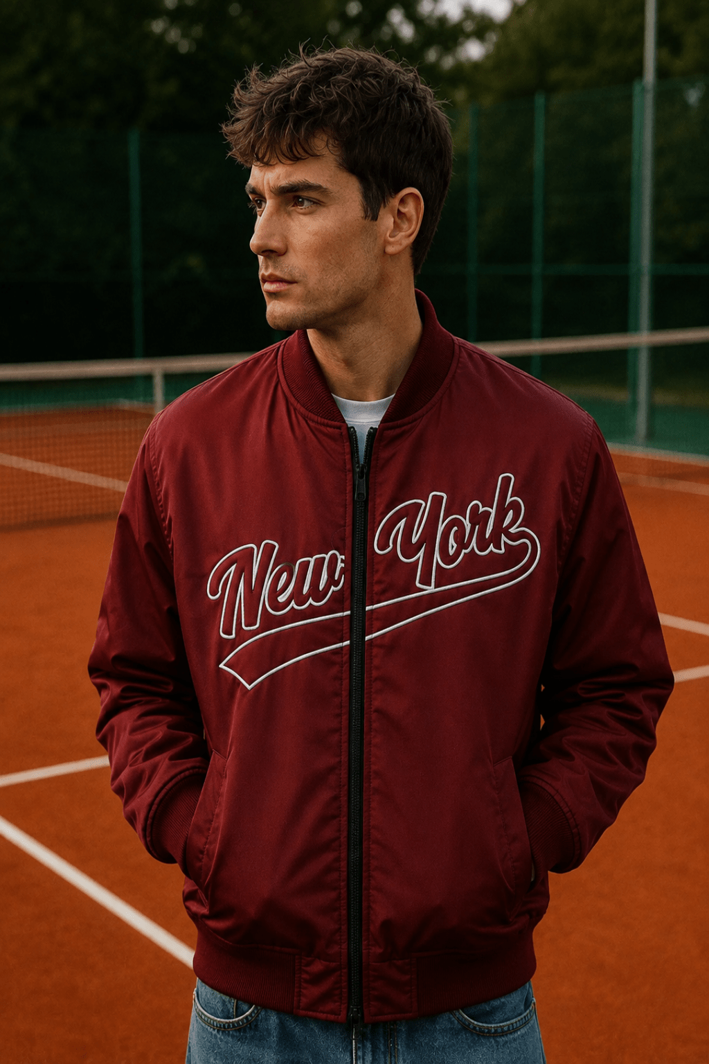 Men's Red Grey Black Bomber Jacket New York Graphic Zip Up Varsity Jacket For Winters & Streetwear - Edin London