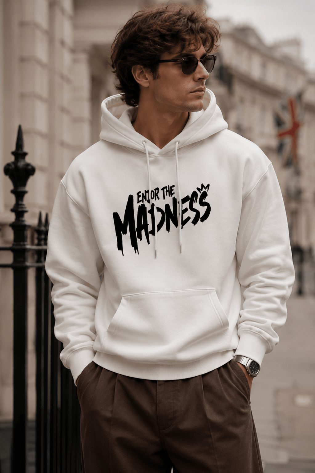 Men’s White Graphic Warm Hoodie Front Pocket - Edin London