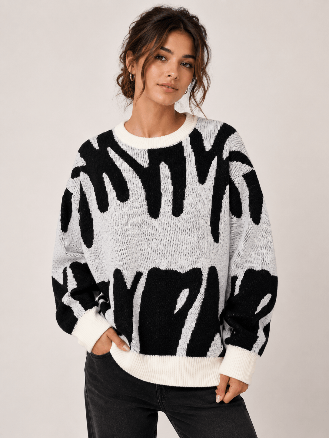 New Contrast Color Crewneck Women's Sweater Retro Lazy Loose Fashion Couple Explosion Knitted Sweater - Edin London