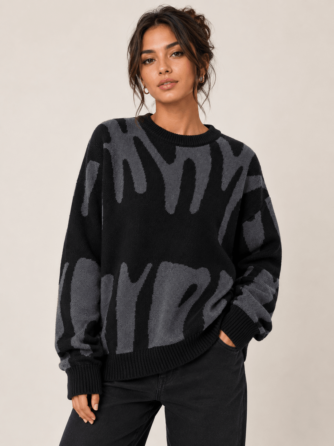 New Contrast Color Crewneck Women's Sweater Retro Lazy Loose Fashion Couple Explosion Knitted Sweater - Edin London