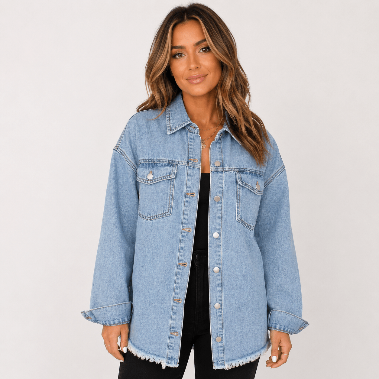 New Style Washed Denim Shirt Jacket for Women – Relaxed Frayed Hem Casual Overshirt - Edin London
