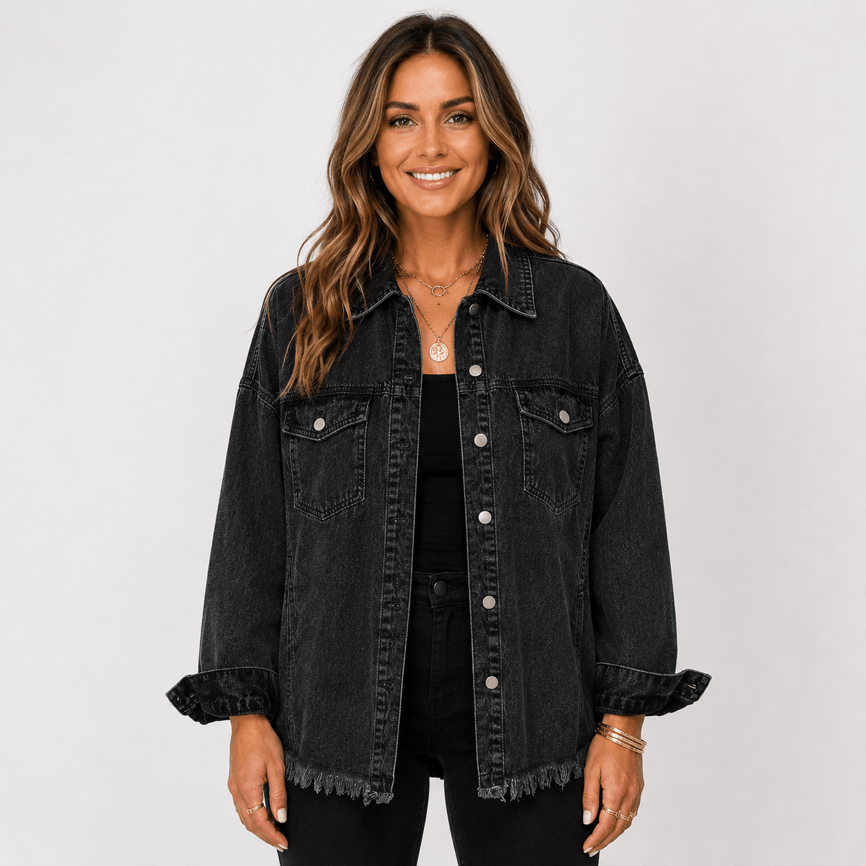 New Style Washed Denim Shirt Jacket for Women – Relaxed Frayed Hem Casual Overshirt - Edin London
