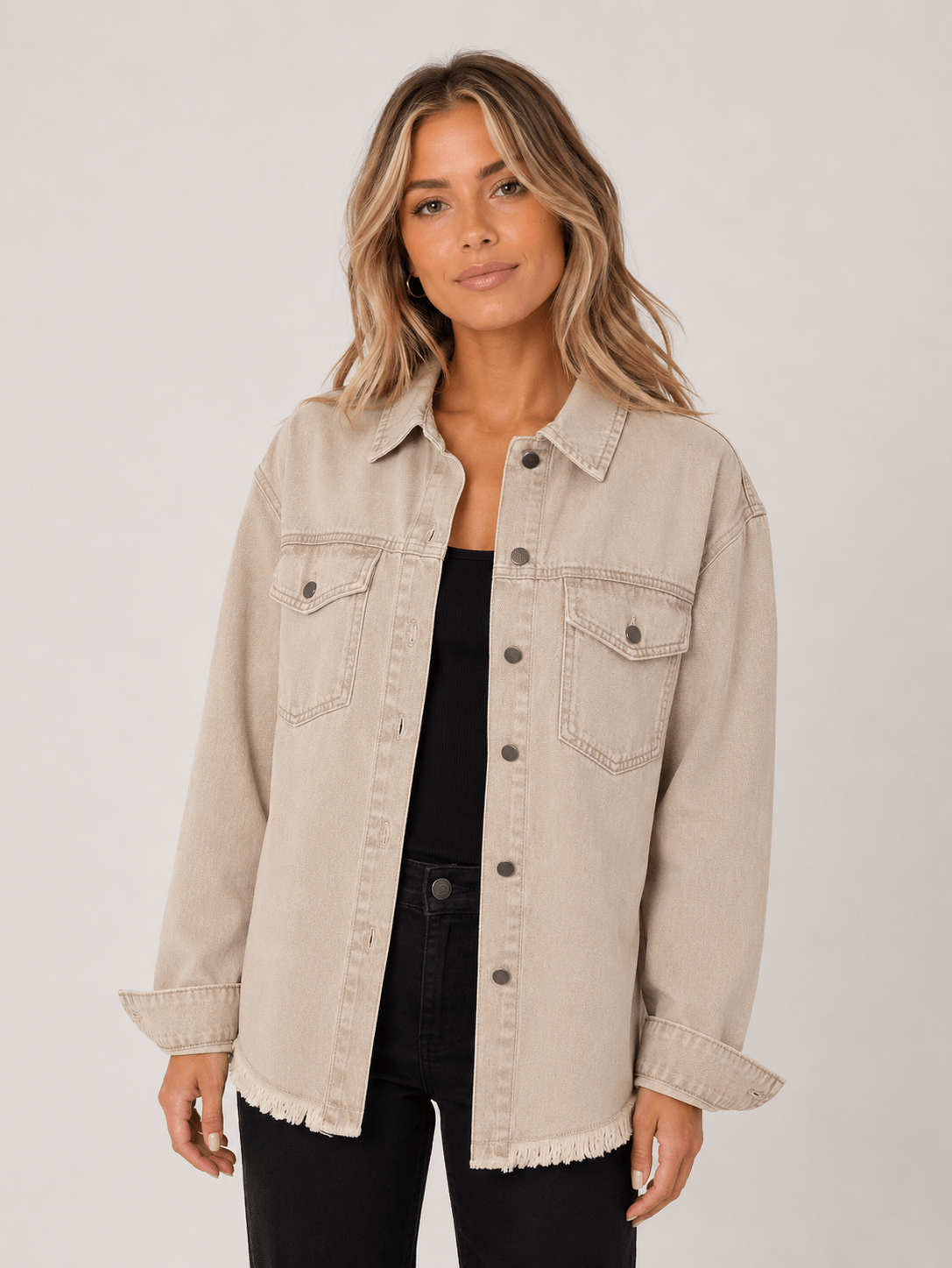 New Style Washed Denim Shirt Jacket for Women – Relaxed Frayed Hem Casual Overshirt - Edin London