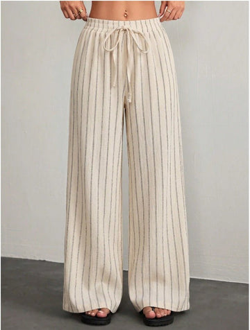 Petite Drawstring Waist Loose Pants Women's Solid Color Crepe Trousers - Edin London