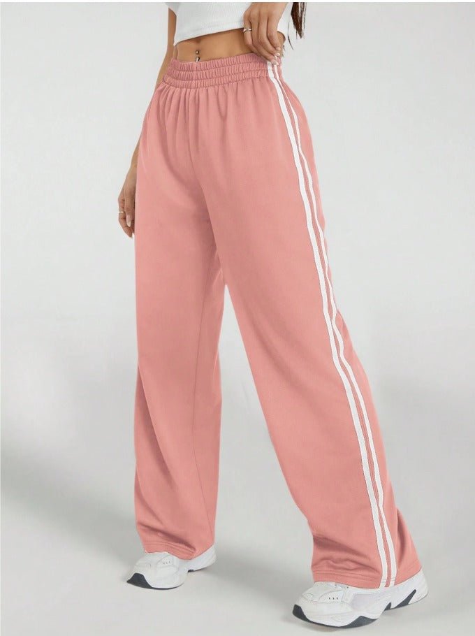 Petite Elastic Waist Wide Leg Sweatpants Women's Side Striped Casual Joggers - Edin London