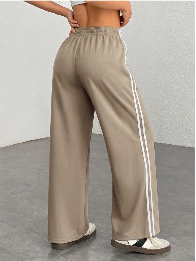 Petite Elastic Waist Wide Leg Sweatpants Women's Side Striped Casual Joggers - Edin London