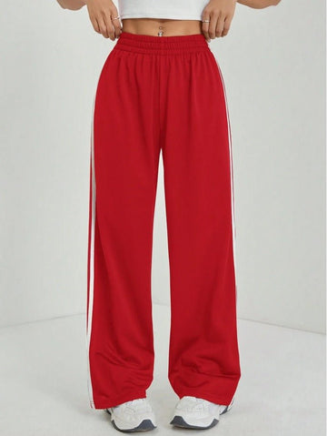 Petite Elastic Waist Wide Leg Sweatpants Women's Side Striped Casual Joggers - Edin London
