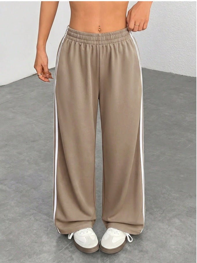 Petite Elastic Waist Wide Leg Sweatpants Women's Side Striped Casual Joggers - Edin London