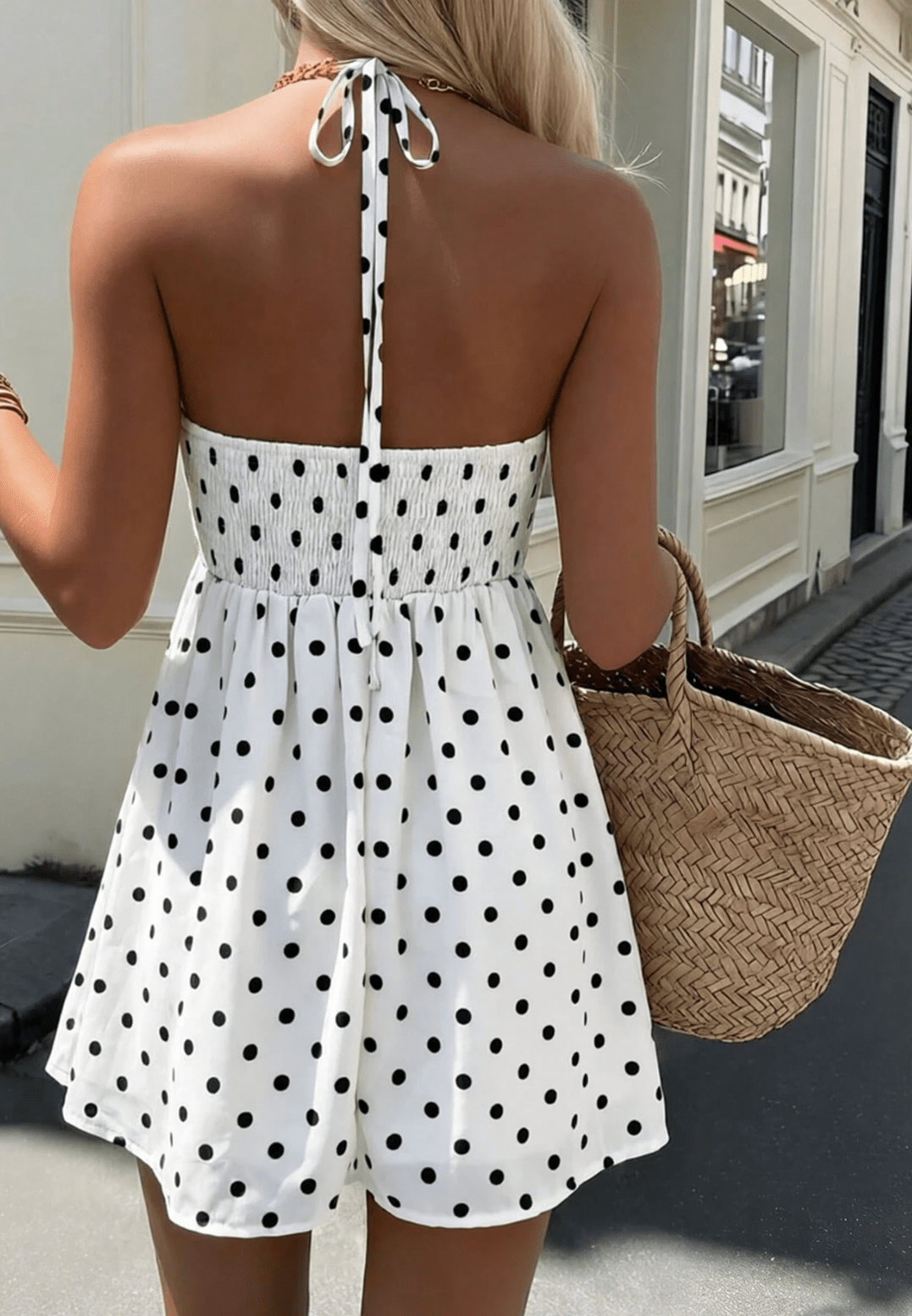 Petite Polka Dot Halter Neck Tie Strap Dress Women's Romantic A-Line Mini Dress - Edin London