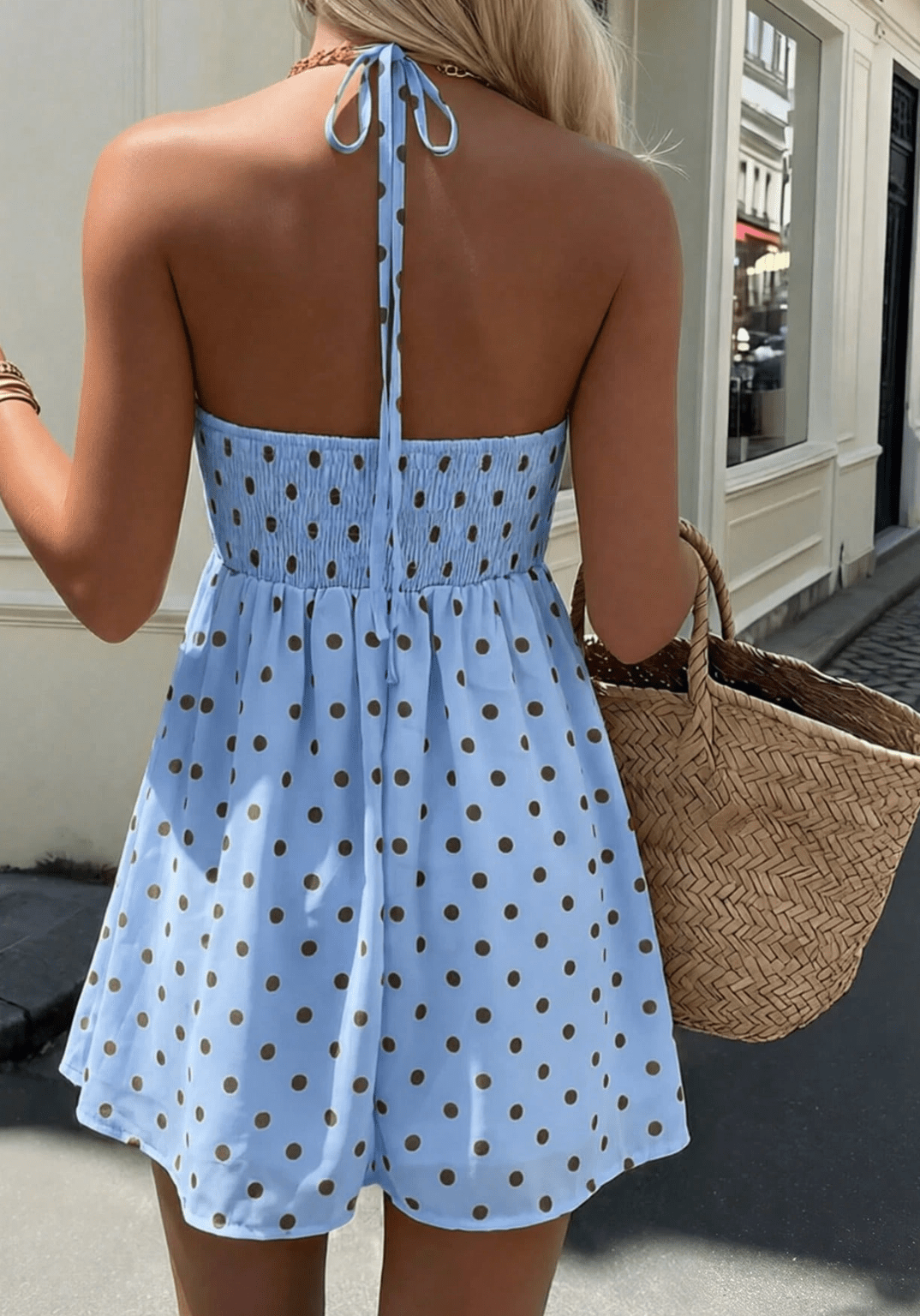 Petite Polka Dot Halter Neck Tie Strap Dress Women's Romantic A-Line Mini Dress - Edin London