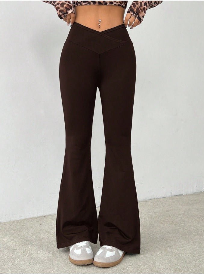 Petite Wrap High Waist Flared Pants Women's Simple Solid Color Trousers - Edin London