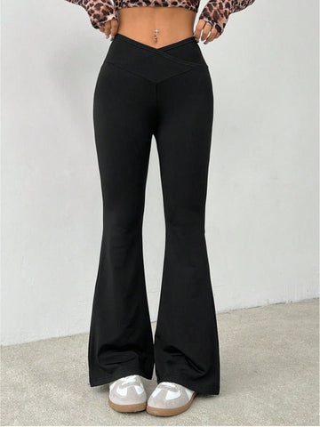 Petite Wrap High Waist Flared Pants Women's Simple Solid Color Trousers - Edin London