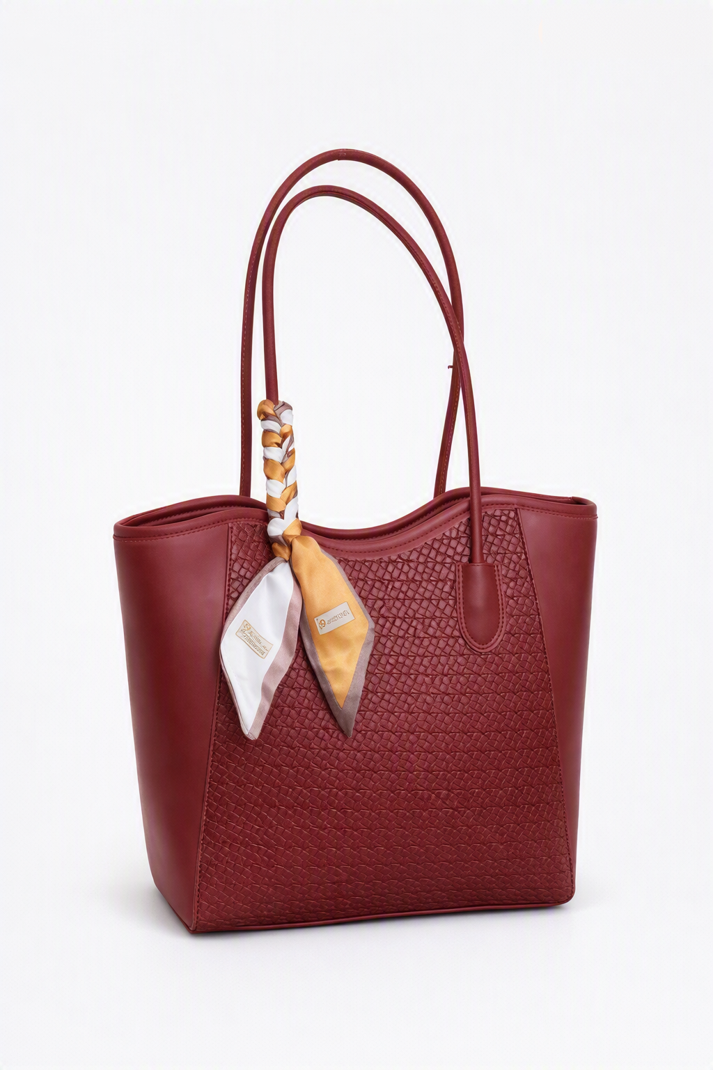 Women’s Elegant Woven Shoulder White Red Black Tote Bag with Scarf Detail