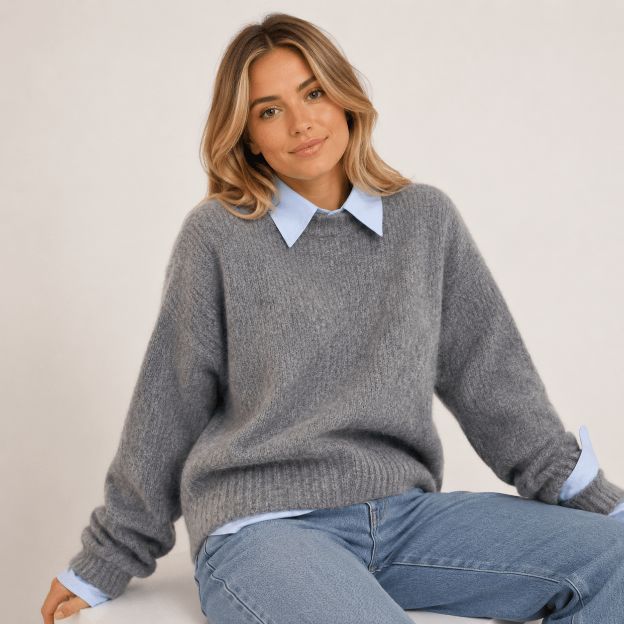 Polo Collar Knitted Pullover Sweater – Loose Fit Thick Warm Commuting Knit Top (Minimal Elegant Style) - Edin London