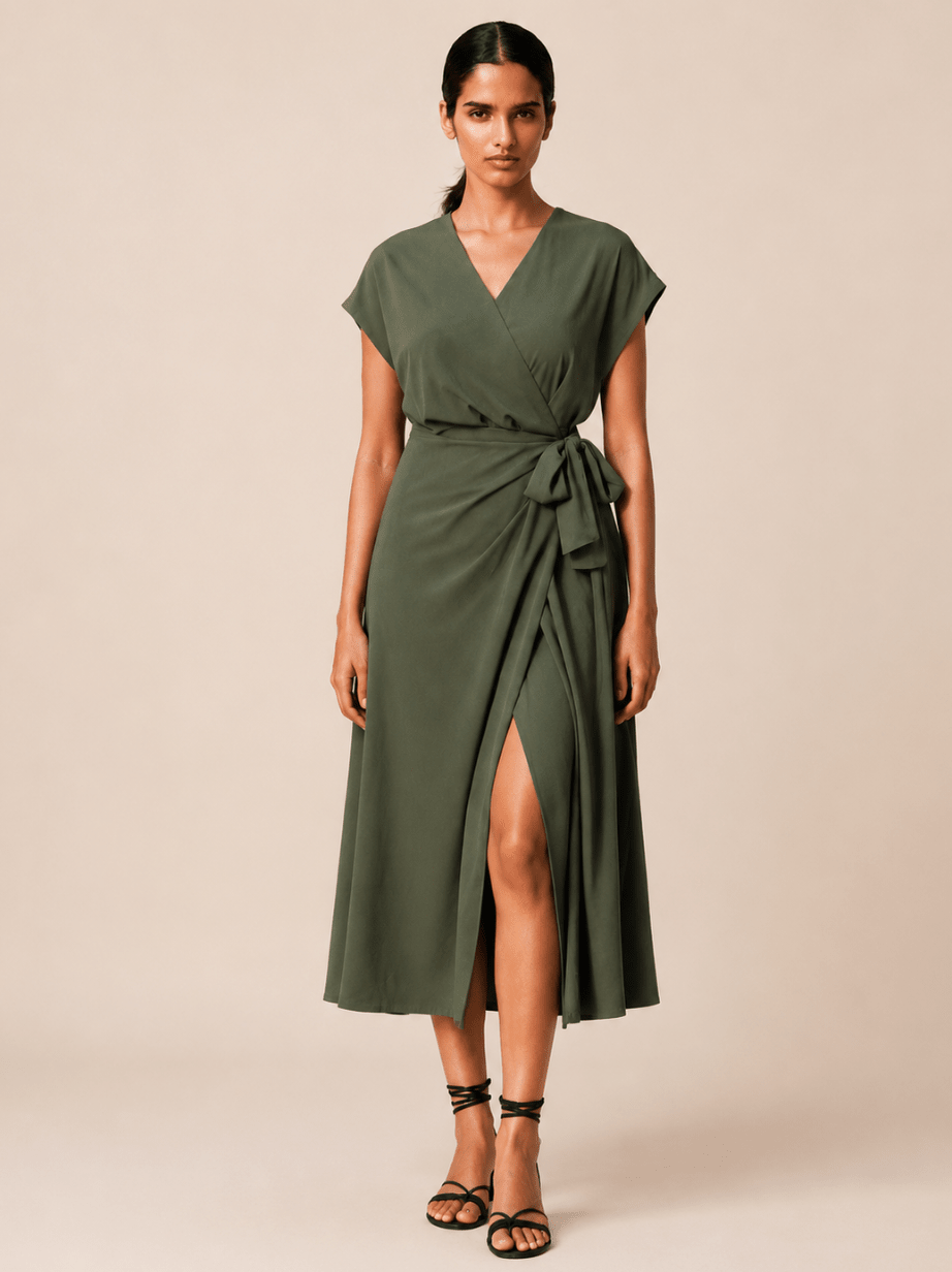 Satin Split Wrap Midi Dress Cross - Edin London