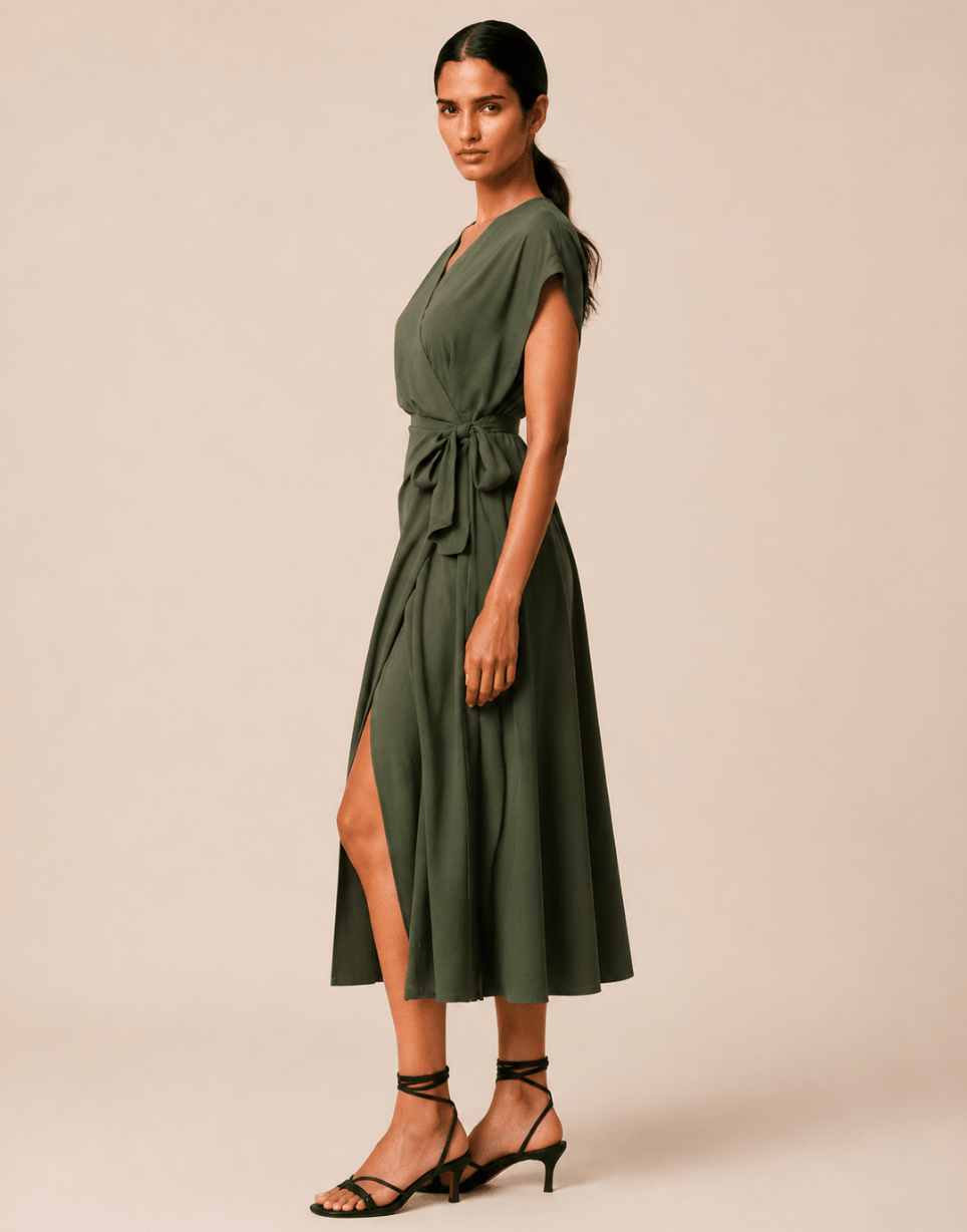 Satin Split Wrap Midi Dress Cross - Edin London