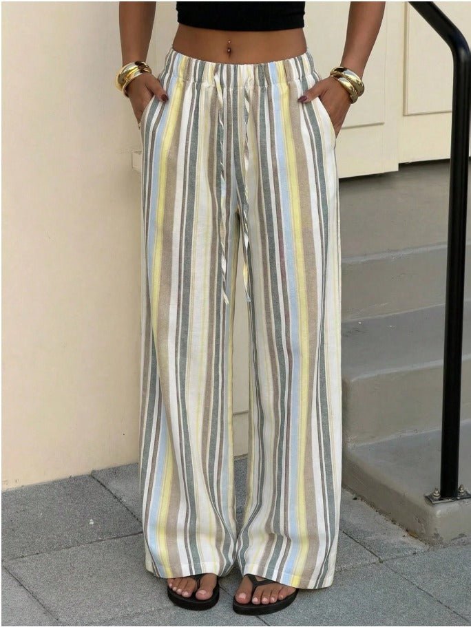 Striped Cotton Linen Drawstring Waist Pants Women's Seaside Vacation Trousers - Edin London