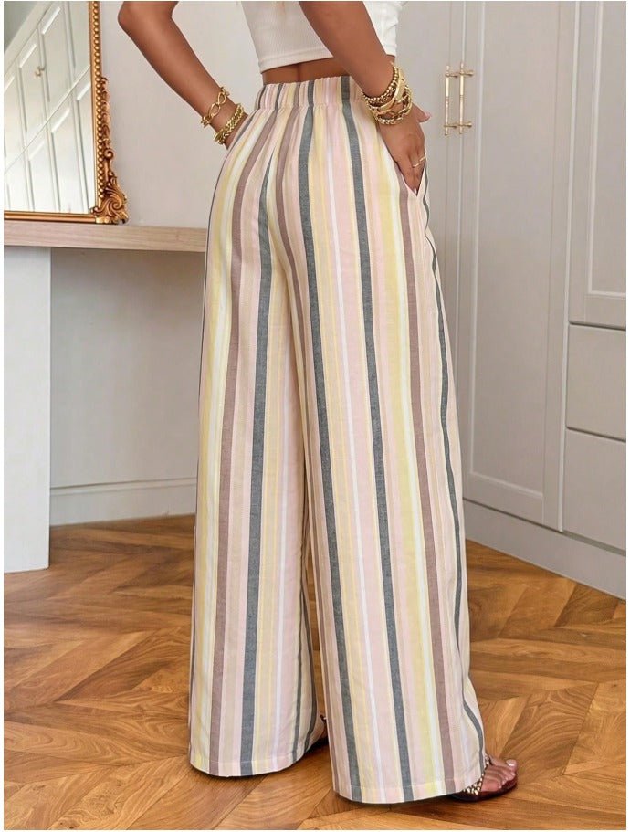 Striped Cotton Linen Drawstring Waist Pants Women's Seaside Vacation Trousers - Edin London