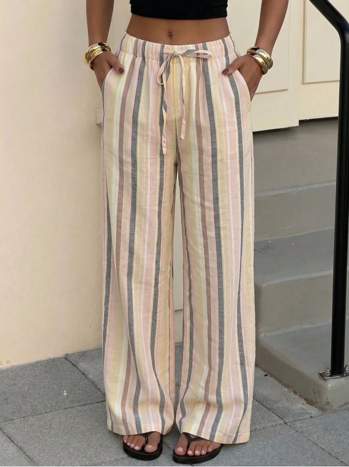 Striped Cotton Linen Drawstring Waist Pants Women's Seaside Vacation Trousers - Edin London