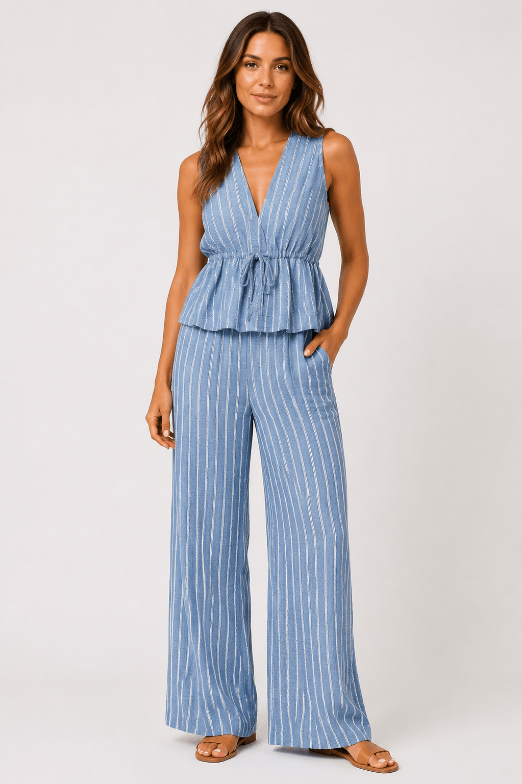 Striped Deep V-Neck Pleated Top & Wide Leg Pants Co-Ord Set Casual Beach Holiday Two Piece Outfit - Edin London