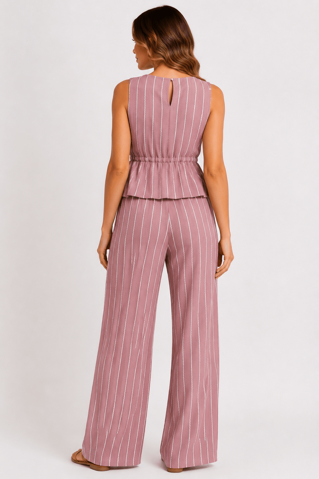 Striped Deep V-Neck Pleated Top & Wide Leg Pants Co-Ord Set Casual Beach Holiday Two Piece Outfit - Edin London
