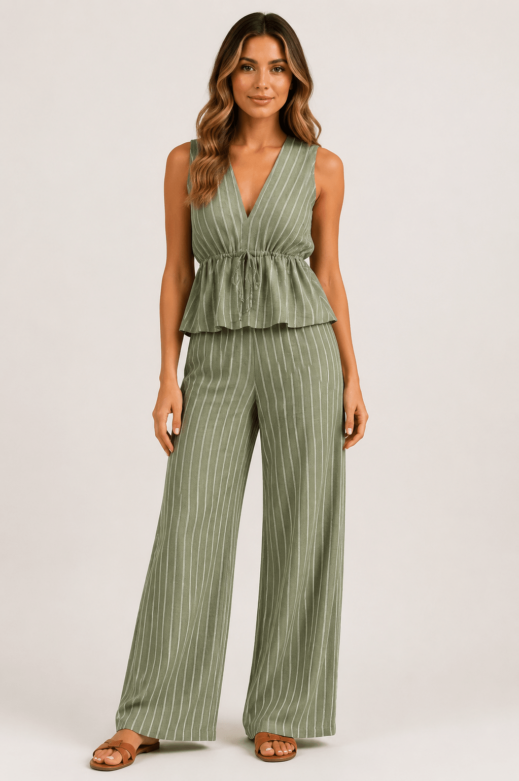 Striped Deep V-Neck Pleated Top & Wide Leg Pants Co-Ord Set Casual Beach Holiday Two Piece Outfit - Edin London