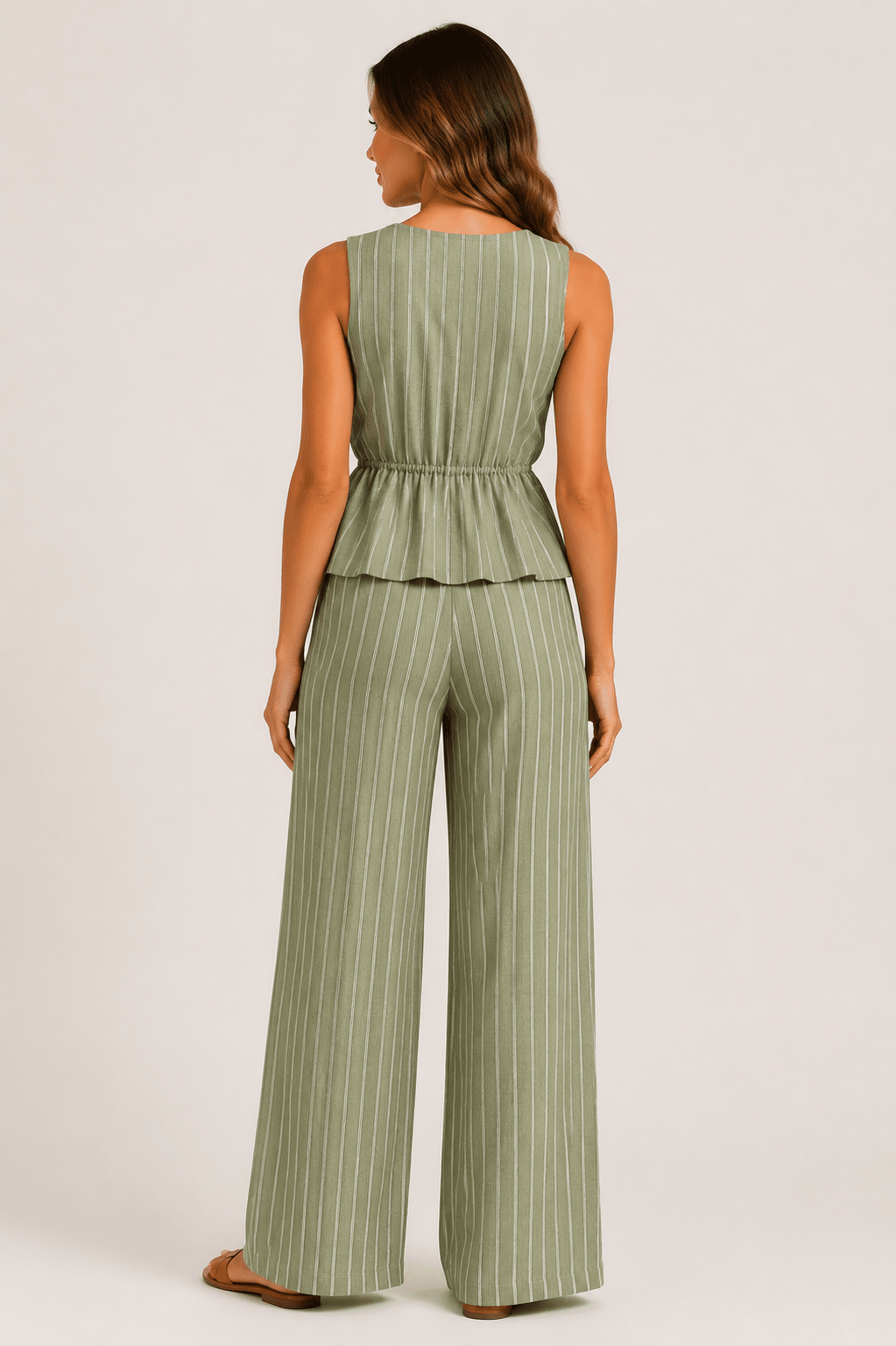 Striped Deep V-Neck Pleated Top & Wide Leg Pants Co-Ord Set Casual Beach Holiday Two Piece Outfit - Edin London